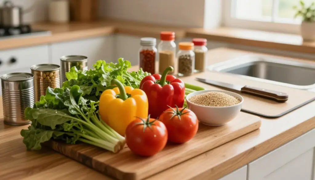 A vibrant, top-down view of a kitchen countertop laden with budget-friendly healthy dinner ingredients. In the foreground, a wooden cutting board displays fresh vegetables like bell peppers, tomatoes, and leafy greens, alongside canned beans and a bowl of quinoa. In the middle ground, various spices in small containers are arranged neatly, and a rustic knife rests beside a chopping mat. The background features a warm, inviting kitchen setting with soft, natural light streaming through a window, creating a cozy atmosphere. Utilize a shallow depth of field to softly blur the background, focusing attention on the colorful ingredients. Emphasize the fresh, wholesome aspect of these pantry staples, conveying a sense of health and affordability.