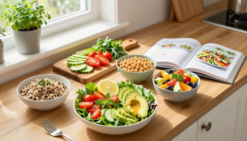 A vibrant top-down view of an assortment of quick detox salad recipes, beautifully arranged on a wooden kitchen countertop. In the foreground, a colorful bowl filled with mixed greens, cherry tomatoes, cucumber slices, and avocado, garnished with lemon slices and a light dressing. Beside it, smaller bowls feature quinoa salad, chickpea salad, and a refreshing fruit salad. In the middle ground, a rustic cutting board displays sliced vegetables and herbs, alongside a healthy cookbook slightly open to a salad recipe page. The background showcases a sunlit modern kitchen with potted herbs on the windowsill, creating an inviting and refreshing atmosphere. Use soft, natural lighting to enhance the bright colors of the ingredients, with a shallow depth of field to bring focus to the salads.
