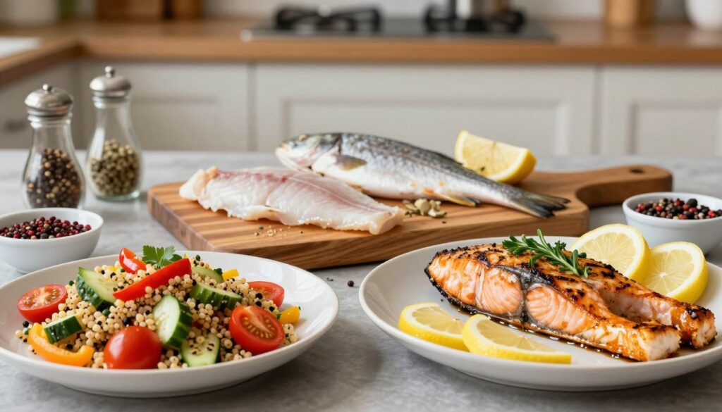 A vibrant, visually appealing display of various low-calorie seafood meals, centered on an assortment of grilled fish dishes. In the foreground, a beautifully plated portion of grilled salmon garnished with fresh herbs and lemon slices; alongside a colorful quinoa salad studded with cherry tomatoes, cucumbers, and bell peppers. In the middle ground, a wooden cutting board showcases raw fish fillets such as cod and tilapia, accompanied by a selection of spices and seasonings in small bowls to highlight flavor options. The background features a rustic kitchen setting with soft, natural lighting illuminating the scene, creating a warm and inviting atmosphere. Capture the essence of healthy cooking with a focus on freshness and flavor, using a shallow depth of field to emphasize the main dishes.
