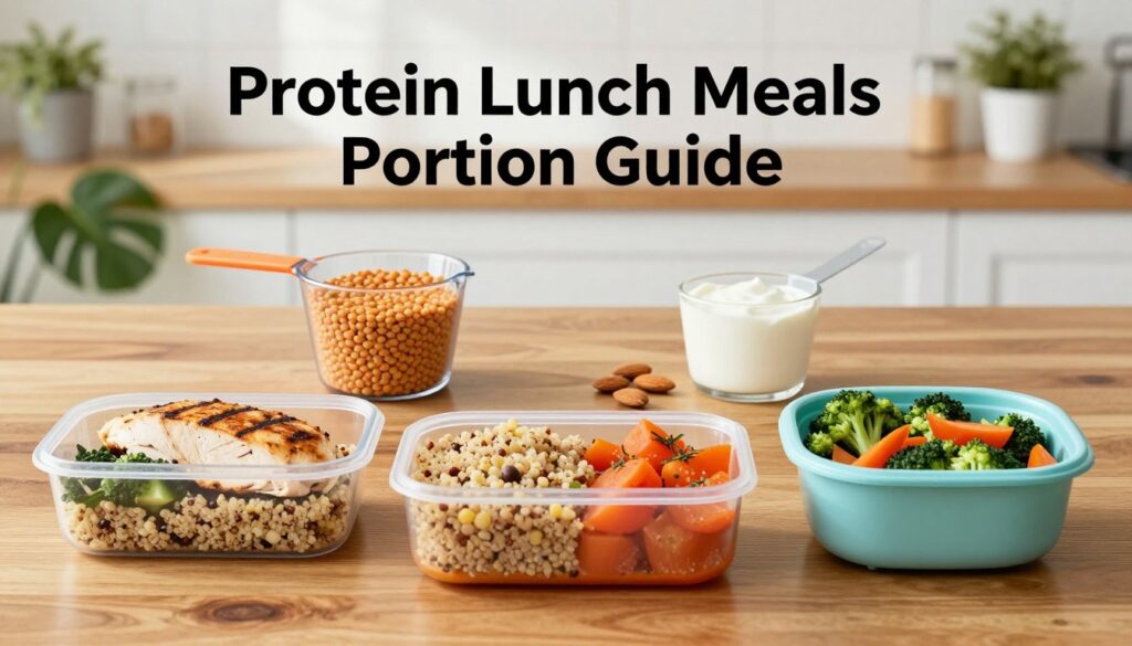 A visually engaging "Protein Lunch Meals Portion Guide" featuring a neat layout of diverse, high-protein meal portions on a polished wooden table. In the foreground, three colorful, neatly arranged meal prep containers display grilled chicken breast, quinoa salad, and steamed vegetables, emphasizing balanced portions. The middle section showcases a measuring cup filled with lentils, a scoop of Greek yogurt, and a few almonds, representing various protein sources. The background softly blurs a light, airy kitchen setting with plants, natural light filtering through a window, creating a healthy and inviting atmosphere. The overall mood conveys energy and vitality, ideal for promoting high-protein lunches, all captured with a soft focus lens for warmth and clarity.