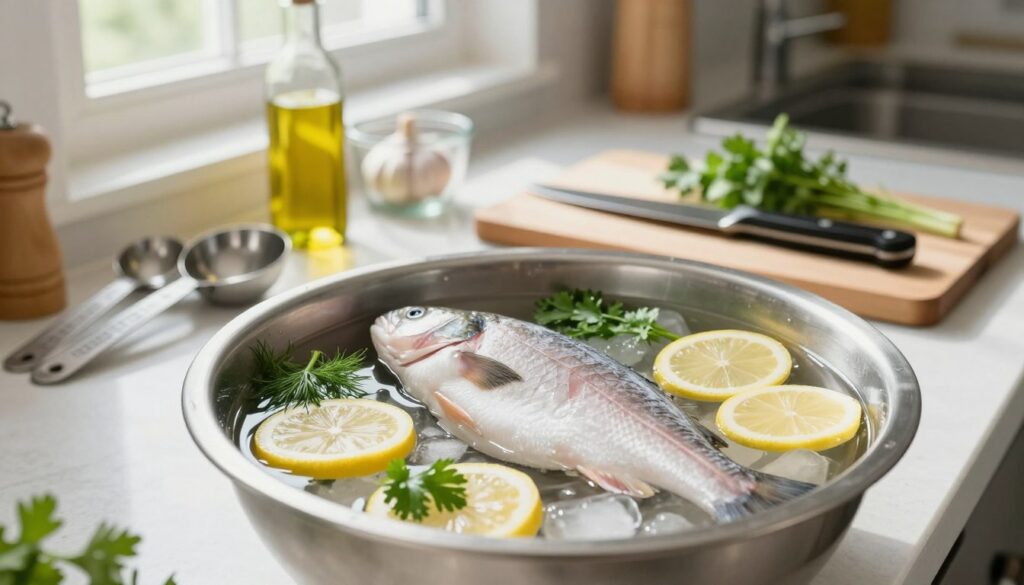 A visually inviting kitchen scene showcasing the best way to thaw frozen fish without it becoming mushy. In the foreground, a close-up of a stainless steel bowl filled with ice water, with a fillet of frozen fish resting inside, surrounded by lemon slices and fresh herbs like dill and parsley. In the middle, a countertop cluttered with measuring spoons and a cutting board, featuring a knife and additional ingredients like olive oil and garlic in modest glass containers. The background exhibits a bright, well-lit kitchen with soft natural light filtering through a window, casting gentle shadows. The atmosphere is warm and calming, suggesting an easy, effective cooking process. The scene captures a sense of freshness and preparation, focusing specifically on the thawing method used for the fish.