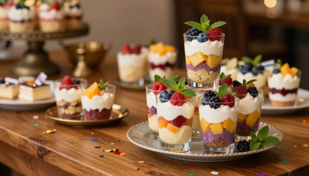 Layered desserts elegantly arranged on a polished wooden table, showcasing an array of colorful treats like parfaits and mousse cups filled with vibrant layers of cream, fruit, and cake. The foreground features a beautifully constructed glass dessert tower, each layer distinct and inviting, topped with fresh berries and mint leaves for a pop of color. In the middle ground, several smaller dessert cups sit surrounded by decorative elements like party confetti and small plates, hinting at a celebratory atmosphere. The background is softly blurred with hints of warm ambient lighting, suggesting a cozy party setting. The mood is festive and inviting, perfect for potlucks and gatherings, with a focus on the attractive and delicious desserts that are easy to share.