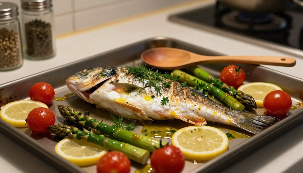 baked fish recipe preparation on baking sheet baked fish recipe preparation on baking sheet