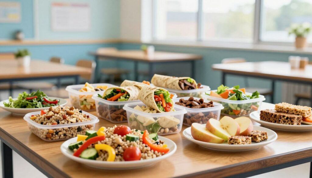 A beautifully arranged allergen-free school lunch display on a wooden cafeteria table. In the foreground, vibrant and appealing dishes include a quinoa salad with colorful bell peppers, cherry tomatoes, and cucumber, alongside a plate of sliced apples and almond-free energy bars. The middle layer showcases a variety of containers, each with nut-free wraps filled with fresh veggies and lean proteins, all artfully presented. In the background, a bright, inviting school cafeteria with light blue walls and large windows allowing natural sunlight to pour in, creating a warm, cheerful atmosphere. Use a soft focus effect for a friendly and approachable vibe, emphasizing freshness and health. Ensure the setting is clean and organized, with no people present, to highlight the meals exclusively.