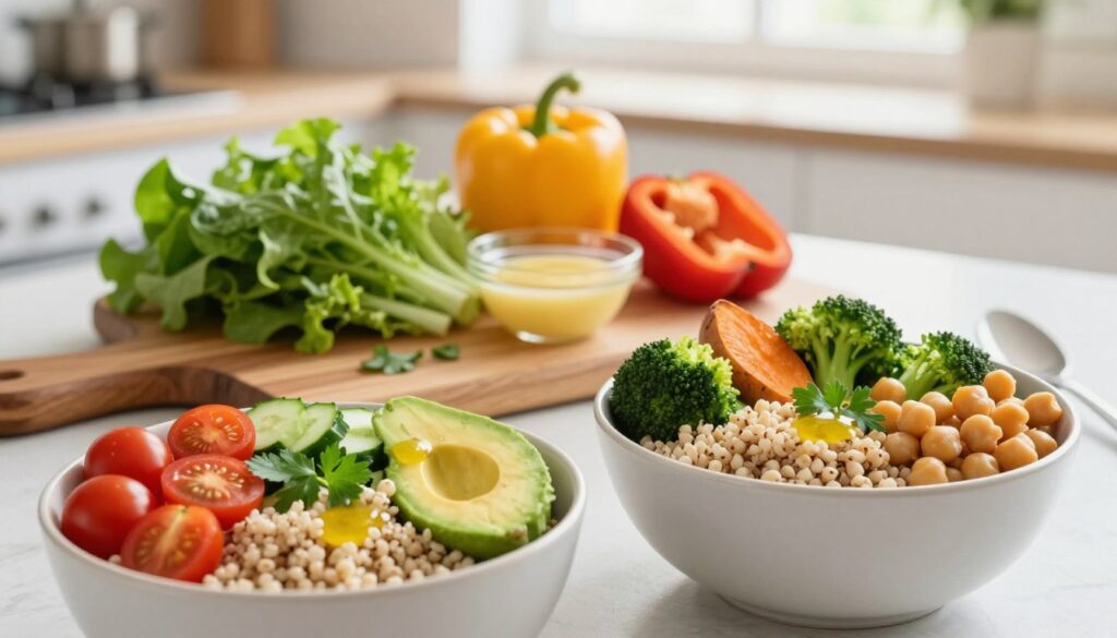 A beautifully arranged assortment of healthy lunch meal prep ideas featuring vibrant grain bowls. The foreground shows two colorful grain bowls, one filled with quinoa, cherry tomatoes, cucumbers, and avocado slices, while the other includes farro, steamed broccoli, roasted sweet potatoes, and chickpeas. Each bowl is garnished with fresh herbs and a drizzle of lemon vinaigrette. In the middle of the image, a stylish wooden cutting board holds an array of fresh ingredients like leafy greens, colorful bell peppers, and a small bowl of dressing, enhancing the prep ambiance. The background features a soft-focus kitchen setting with bright, natural light streaming in through a window, creating a warm and inviting atmosphere. The overall mood is fresh, nourishing, and vibrant, perfect for showcasing healthy eating.