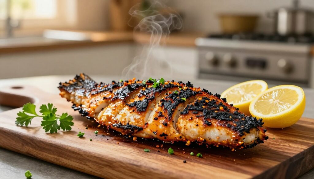 A beautifully arranged blackened fish fillet, showcasing the crispy, charred exterior with a rich, dark spice crust. The fish sits elegantly on a rustic wooden cutting board, garnished with fresh herbs like parsley and sliced lemon, adding vibrant color. In the background, a softly blurred kitchen scene, glowing warm from golden hour lighting, complements the dish. The image captures a close-up perspective, emphasizing the texture of the fillet, with steam gently rising to indicate freshness. The atmosphere is inviting and homey, evoking the bold flavors of Cajun cuisine. No text, captions, or branding present.