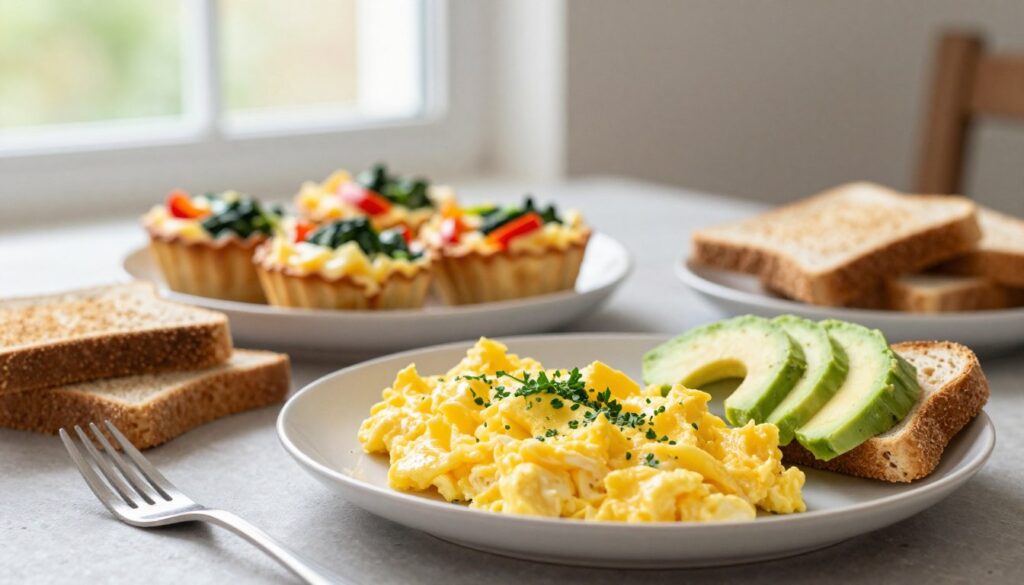 A beautifully arranged breakfast table featuring several quick egg-based recipes designed to inspire a nutritious morning meal. In the foreground, a vibrant plate of fluffy scrambled eggs garnished with fresh herbs, with whole-grain toast alongside avocado slices. In the middle, a bowl of egg muffins packed with spinach, bell peppers, and cheese, radiating warmth. In the background, a soft-focus window lets in natural morning light, creating a welcoming and invigorating atmosphere. Use a shallow depth of field to emphasize the delicious dishes, capturing the textures of the eggs and the colorful ingredients. The mood is bright, energetic, and wholesome, evoking a sense of health and vitality for the day ahead.