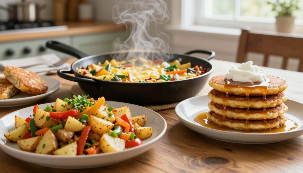 A beautifully arranged breakfast table showcasing a variety of gluten-free potato-based breakfast dishes. In the foreground, a golden-brown potato hash with colorful bell peppers and green onions, garnished with fresh herbs. Beside it, fluffy potato pancakes stacked high, drizzled with pure maple syrup and topped with a dollop of yogurt. In the middle ground, a skillet filled with a savory potato frittata, bursting with vegetables and cheese, steam rising captivatingly. The background features a rustic kitchen setting with soft natural lighting streaming through a window, highlighting the textures of the food. The mood is warm and inviting, perfect for a cozy breakfast scene, emphasizing delicious gluten-free options.