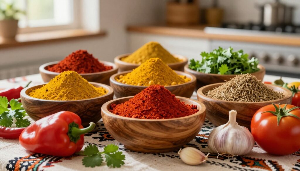 A beautifully arranged display of Middle Eastern spices and seasonings for a chickpea dish, featuring vibrant yellow turmeric, deep red paprika, bright green cilantro, and earthy cumin, all nestled in rustic wooden bowls. In the foreground, fresh ingredients like ripe bell peppers, tomatoes, and garlic cloves are artfully laid out, suggesting preparation for a flavorful shakshuka. The midground showcases a traditional patterned tablecloth, enhancing the cultural ambiance. The background is softly blurred with hints of a warm kitchen, illuminated by natural sunlight streaming through a nearby window, creating an inviting and cozy atmosphere. The overall mood evokes a sense of authenticity and warmth, perfect for highlighting the best spice combinations for rich flavors. A beautifully arranged display of Middle Eastern spices and seasonings for a chickpea dish, featuring vibrant yellow turmeric, deep red paprika, bright green cilantro, and earthy cumin, all nestled in rustic wooden bowls. In the foreground, fresh ingredients like ripe bell peppers, tomatoes, and garlic cloves are artfully laid out, suggesting preparation for a flavorful shakshuka. The midground showcases a traditional patterned tablecloth, enhancing the cultural ambiance. The background is softly blurred with hints of a warm kitchen, illuminated by natural sunlight streaming through a nearby window, creating an inviting and cozy atmosphere. The overall mood evokes a sense of authenticity and warmth, perfect for highlighting the best spice combinations for rich flavors.