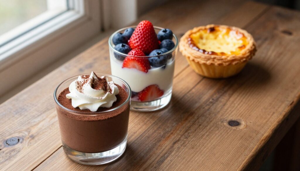 A beautifully arranged display of three mouth-watering desserts, each made from just three ingredients to showcase simplicity and flavor. In the foreground, a rich chocolate mousse in a glass cup topped with a dollop of whipped cream and a sprinkle of cocoa powder. Beside it, a vibrant berry parfait layered with fresh strawberries and blueberries, encased in a clear glass, contrasting with the creamy yogurt layer. In the background, a golden, baked egg custard tart with a glossy finish set on a rustic wooden table. Soft, natural lighting filters through a nearby window, casting gentle shadows and enhancing the warm, inviting atmosphere. The scene is captured from a slightly elevated angle to emphasize the textures and colors of the desserts, inviting viewers to indulge.