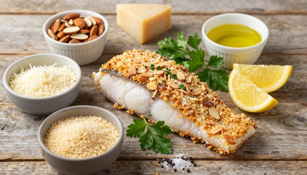 A beautifully arranged flat lay of almond crusted baked fish ingredients, featuring a fresh fillet of white fish like cod or tilapia, coated with a crunchy almond and Parmesan crust, garnished with fresh herbs like parsley and lemon wedges. Surrounding the fish are individual bowls filled with sliced almonds, grated Parmesan cheese, and breadcrumbs. Include a small dish of olive oil and a sprinkle of salt and pepper for seasoning. The background should be a rustic wooden table, softly lit for a warm, inviting atmosphere. Focus on the textures and colors, showcasing the contrast between the golden crust and the fresh ingredients, with a shallow depth of field to keep the focus on the ingredients.