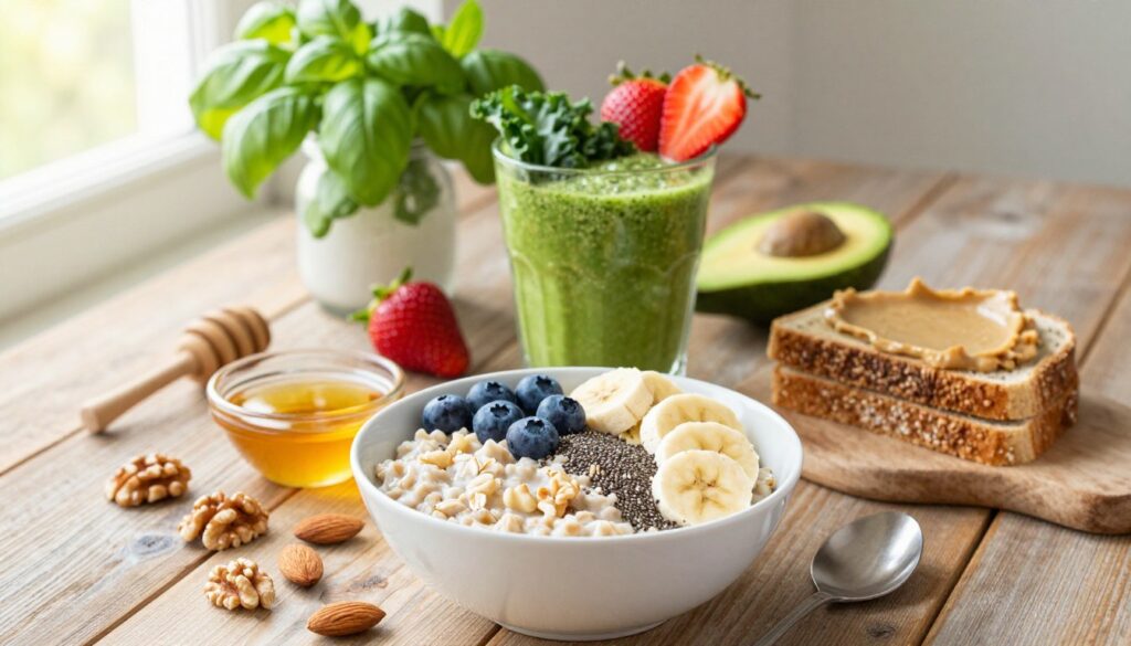 A beautifully arranged flat lay of an anti-inflammatory breakfast spread on a rustic wooden table. In the foreground, feature vibrant foods like a bowl of oatmeal topped with blueberries, sliced bananas, and a sprinkle of chia seeds. Include piles of walnuts, almonds, and a small dish of honey to add a warm touch. In the middle, display a colorful smoothie in a glass, filled with spinach, kale, avocado, and a few strawberries. Complement this with a side of whole grain toast spread with creamy almond butter. In the background, softly blurred, place a vase filled with fresh herbs like basil and mint, and a sunny window illuminating the scene with natural light, creating a welcoming and healthy atmosphere perfect for breakfast. The image should evoke a sense of vitality and wellness. A beautifully arranged flat lay of an anti-inflammatory breakfast spread on a rustic wooden table. In the foreground, feature vibrant foods like a bowl of oatmeal topped with blueberries, sliced bananas, and a sprinkle of chia seeds. Include piles of walnuts, almonds, and a small dish of honey to add a warm touch. In the middle, display a colorful smoothie in a glass, filled with spinach, kale, avocado, and a few strawberries. Complement this with a side of whole grain toast spread with creamy almond butter. In the background, softly blurred, place a vase filled with fresh herbs like basil and mint, and a sunny window illuminating the scene with natural light, creating a welcoming and healthy atmosphere perfect for breakfast. The image should evoke a sense of vitality and wellness.