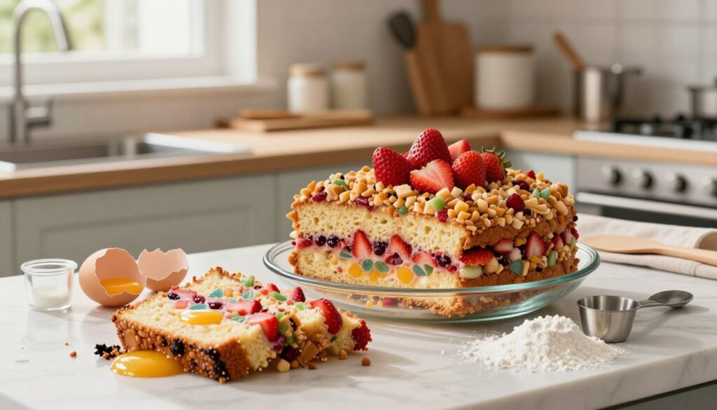 A beautifully arranged kitchen scene focused on a vibrant strawberry crunch poke cake, sliced to reveal its moist layers and colorful filling. In the foreground, a glass dish displays the cake, adorned with fresh strawberries and a crunchy topping. Scattered around are common mistakes to avoid: over-mixed batter, burnt edges, and incorrectly measured ingredients – visual representations like a cracked egg, measuring cups, and flour spills. The middle ground showcases a kitchen counter with utensils and baking tools neatly organized, while the background features soft, natural lighting streaming through a window, enhancing the warm, inviting atmosphere. The overall mood is educational yet approachable, aimed at encouraging beginners to create a delightful dessert successfully. A beautifully arranged kitchen scene focused on a vibrant strawberry crunch poke cake, sliced to reveal its moist layers and colorful filling. In the foreground, a glass dish displays the cake, adorned with fresh strawberries and a crunchy topping. Scattered around are common mistakes to avoid: over-mixed batter, burnt edges, and incorrectly measured ingredients – visual representations like a cracked egg, measuring cups, and flour spills. The middle ground showcases a kitchen counter with utensils and baking tools neatly organized, while the background features soft, natural lighting streaming through a window, enhancing the warm, inviting atmosphere. The overall mood is educational yet approachable, aimed at encouraging beginners to create a delightful dessert successfully.