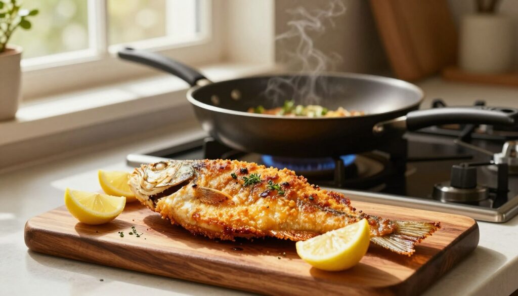 A beautifully arranged kitchen scene showcasing the "Crispy Pan Fried Fish Technique." In the foreground, a golden-brown, perfectly crispy pan-fried fish is placed on a rustic wooden platter, garnished with fresh lemon wedges and herbs. The fish exhibits a tantalizing texture, with crispy skin glistening under the warm, soft light. In the middle, a well-used frying pan on a stove, with a hint of sizzling oil and cooking utensils like a spatula and tongs. In the background, a kitchen window with soft natural light streaming in, creating a warm and inviting atmosphere. The setting exudes comfort and culinary artistry, highlighting the secret to achieving the perfect crispy texture in fish. The overall mood is warm and inviting, evoking a sense of home cooking and deliciousness.