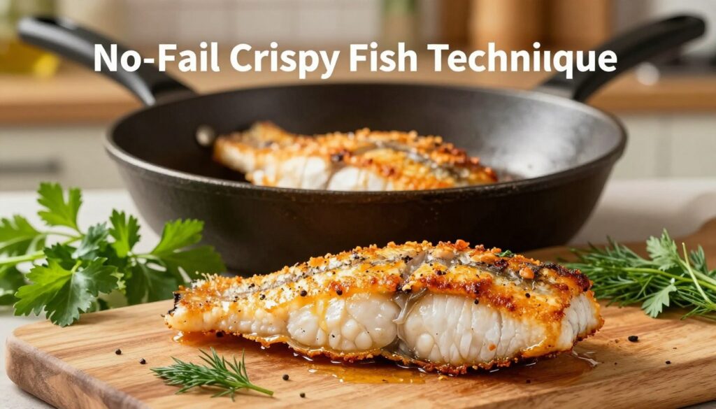 A beautifully arranged kitchen scene showcasing the "No-Fail Crispy Fish Technique." In the foreground, a perfectly cooked golden-brown fish fillet sits in a well-seasoned iron skillet, glistening with a light sheen of cooking oil. The fish is artistically placed on a wooden chopping board, with fresh herbs like parsley and dill scattered around for freshness. In the middle ground, a close-up view of the skillet captures the crisp texture of the fish skin, revealing intricate details of its crunchy surface. The background features a softly blurred kitchen with warm, inviting lighting and a hint of utensils and ingredients, suggesting a vibrant cooking atmosphere. The overall mood is warm and inviting, conveying the joy of home cooking and the secret to achieving a flawless fish presentation.