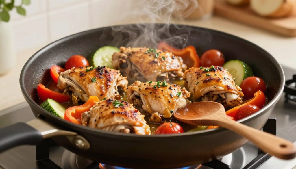 A beautifully arranged one-pan chicken dinner, featuring golden-brown chicken thighs garnished with fresh herbs, surrounded by vibrant, colorful vegetables like bell peppers, zucchinis, and cherry tomatoes. The pan is sizzling over a gentle flame, emitting a mouth-watering, savory aroma. In the foreground, a wooden spoon rests beside the pan, ready for serving. The middle ground showcases the pan filled with the meal, showing juicy chicken and crisp vegetables, with steam rising subtly to indicate warmth. The background blurs lightly to feature a cozy kitchen setting with softened lighting, enhancing the intimate and inviting atmosphere. Use a warm color palette with a focus on natural lighting to convey the freshness and simplicity of a comforting, easy skillet meal that’s ideal for late-night dining. Shoot from a slightly elevated angle for a unique perspective.