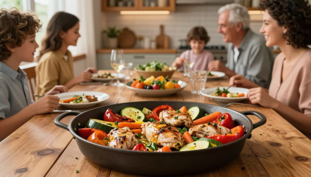 A beautifully arranged one-pan dinner showcasing a colorful medley of roasted vegetables, including bell peppers, zucchini, and carrots, alongside perfectly cooked chicken pieces, all glistening with olive oil and fresh herbs. In the foreground, a rustic wooden table holds the one-pan dish, with soft lighting highlighting the textures and vibrant colors of the food. Families are gathered around the table, smiling and enjoying the meal, dressed in modest casual clothing. In the background, a cozy kitchen ambiance with warm wooden cabinets and inviting soft light coming from a nearby window enhances the inviting atmosphere. The image conveys warmth, joy, and togetherness, perfect for depicting a family-friendly mealtime experience.