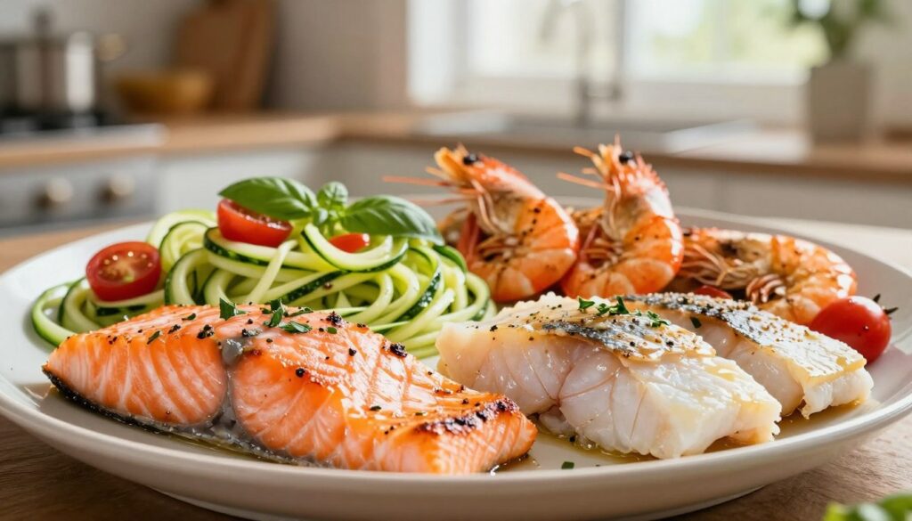 A beautifully arranged platter showcasing various fish varieties ideal for zucchini noodle dishes. In the foreground, display vibrant, perfectly cooked salmon fillets garnished with fresh herbs, alongside delicate white fish like cod and tilapia, artfully sliced and presented. In the middle, add grilled shrimp, their bright orange color contrasting against the crisp green of the zucchini noodles, lightly tossed with cherry tomatoes and basil. The background features a softly blurred kitchen setting with warm, natural light filtering through a window, creating an inviting and cozy atmosphere. Use a shallow depth of field to emphasize the fish and noodles, capturing the essence of a delicious, healthy dinner. The overall mood should evoke a sense of culinary delight and inspiration.