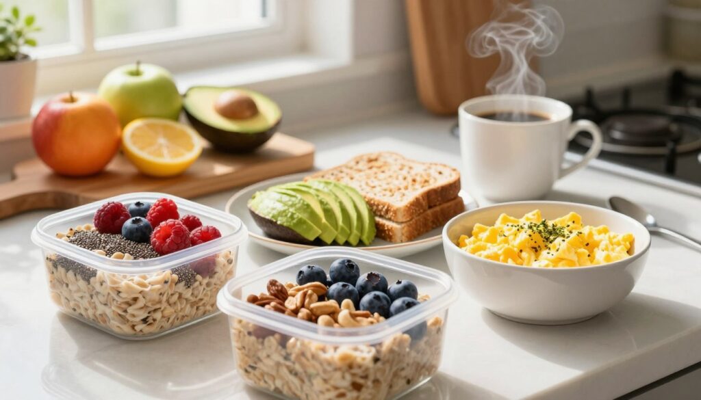 A beautifully arranged quick gluten-free breakfast meal prep scene on a bright kitchen counter. In the foreground, there are colorful containers filled with overnight oats topped with fresh berries, chia seeds, and nuts. Beside them, a bowl of fluffy scrambled eggs seasoned with herbs. In the middle, a neatly sliced avocado and gluten-free toast, artfully arranged. The background features a modern kitchen setting with a wooden cutting board, fresh fruits, and a steaming cup of coffee. Soft, natural lighting streams in from a nearby window, casting gentle shadows. The overall atmosphere is warm and inviting, evoking a sense of health and ease, perfect for busy mornings. No people are present, focusing solely on the food.