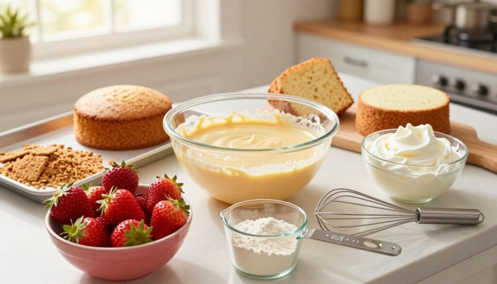 A beautifully arranged set of ingredients and tools for making Strawberry Crunch Poke Cake, presented in a step-by-step layout. In the foreground, feature a vibrant bowl of fresh strawberries, a measuring cup of flour, and a whisk. In the middle, show a mixing bowl filled with cake batter, surrounded by a sponge cake, a tray with crushed graham crackers, and a bowl of whipped cream. The background includes a lively kitchen scene with sunlight streaming through a window, illuminating the workspace. Use a soft, warm light to create a cozy atmosphere. Ensure the camera angle captures the full layout from a slightly elevated vantage point, making it easy to follow the process visually. No text or logos are present, keeping the focus on the cake-making journey. A beautifully arranged set of ingredients and tools for making Strawberry Crunch Poke Cake, presented in a step-by-step layout. In the foreground, feature a vibrant bowl of fresh strawberries, a measuring cup of flour, and a whisk. In the middle, show a mixing bowl filled with cake batter, surrounded by a sponge cake, a tray with crushed graham crackers, and a bowl of whipped cream. The background includes a lively kitchen scene with sunlight streaming through a window, illuminating the workspace. Use a soft, warm light to create a cozy atmosphere. Ensure the camera angle captures the full layout from a slightly elevated vantage point, making it easy to follow the process visually. No text or logos are present, keeping the focus on the cake-making journey.