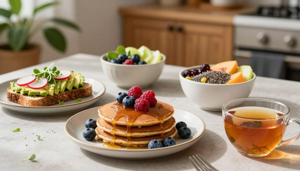 A beautifully arranged table featuring an array of healthy breakfast comfort foods, including whole grain pancakes topped with fresh berries and a drizzle of pure maple syrup, avocado toast garnished with radish slices and microgreens, and a colorful fruit bowl with chia seeds. In the foreground, a warm cup of herbal tea complements the dishes. In the middle, soft natural lighting enhances the textures of the food, casting gentle shadows. In the background, a blurred kitchen scene with wooden cabinets and houseplants adds a cozy and inviting atmosphere. The composition is captured from a slightly elevated angle, focusing on the vibrant colors and healthy ingredients, evoking a sense of warmth and nourishment.