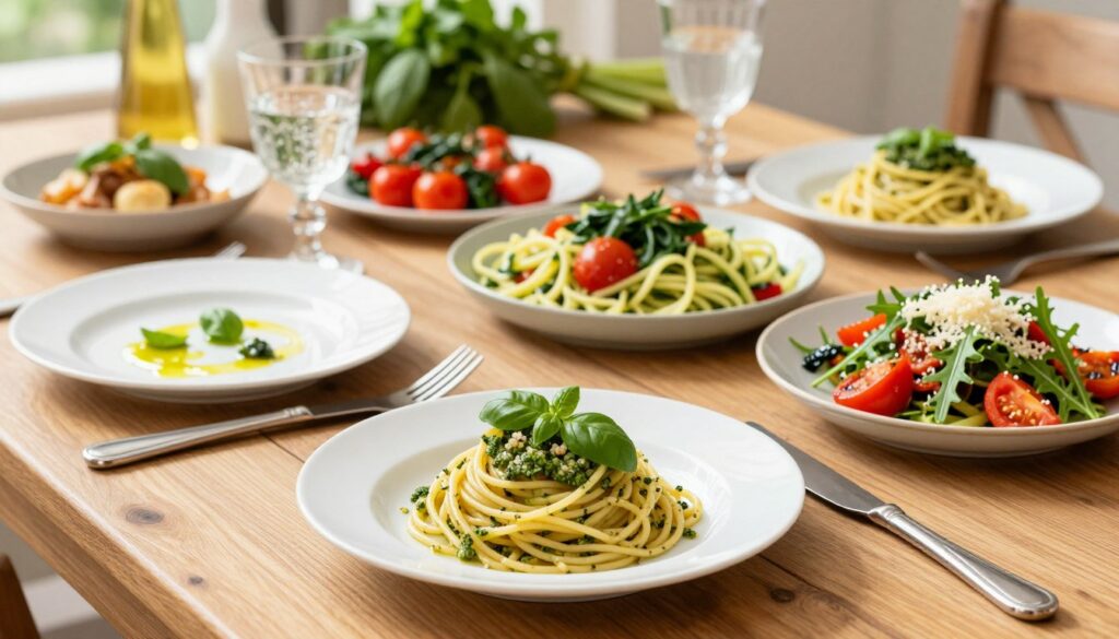 A beautifully arranged table featuring healthy Italian pasta dishes, showcasing whole grain spaghetti topped with fresh basil pesto, zoodles sautéed in olive oil with cherry tomatoes and spinach, and a vibrant quinoa pasta salad with arugula, roasted bell peppers, and a sprinkle of parmesan cheese. In the foreground, elegant white plates with fork and knife, invitingly set for a meal. The middle ground displays a well-lit rustic wooden table adorned with an array of colorful dishes, exuding warmth and comfort. In the background, softly blurred Italian herbs and a glass of sparkling water, enhancing the wholesome atmosphere. The lighting is bright and sunny, creating a cheerful, inviting mood. The focus is sharp, capturing the textures and colors of the food, making it a delectable visual feast.