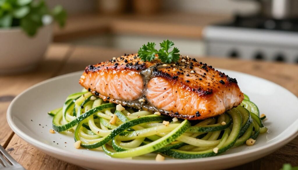 A beautifully plated dish of blackened salmon fillet, glistening with spices and herbs, sits atop a delicate nest of garlic zucchini noodles. The salmon is perfectly seared, showcasing a rich, dark crust with hints of black pepper and paprika, garnished with a sprinkle of fresh parsley. The zucchini noodles are vibrant green, lightly sautéed, and infused with minced garlic, creating an inviting contrast. In the background, a softly blurred kitchen setting hints at warmth, with rustic wooden textures and ambient, warm lighting that enhances the freshness of the dish. The scene captures a cozy, inviting dinner atmosphere, with a focus on the succulent fish and the fresh, healthful noodles, inspiring a sense of culinary delight.