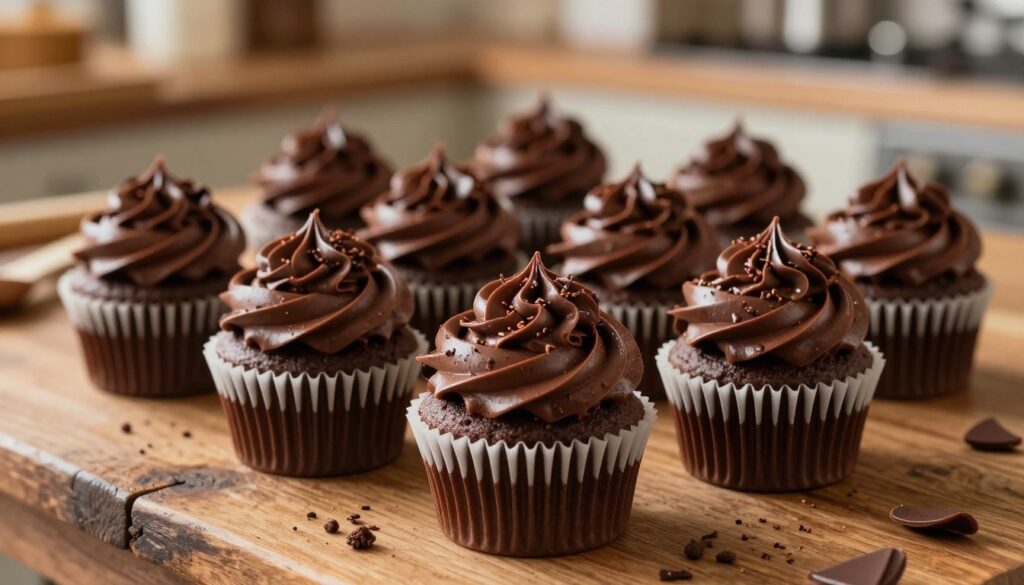 A beautifully styled assortment of bakery-style chocolate cupcakes, each with rich, swirled chocolate frosting, glistening under warm, inviting lighting. The cupcakes are arranged artfully on a rustic wooden table, showcasing their glossy frosting adorned with delicate chocolate shavings and tiny sprinkles. In the background, soft-focus details of a cozy bakery environment hint at a welcoming atmosphere, with warm tones and subtle hints of kitchen tools and ingredients. The scene is captured with a shallow depth of field, emphasizing the cupcakes in the foreground while creating a soft blur of the background. The mood is warm and inviting, perfect for illustrating the joy of homemade baking.
