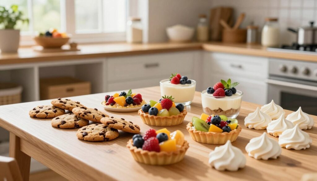 A bright and inviting kitchen scene captures the essence of easy gluten-free dessert recipes for beginners. In the foreground, a beautifully arranged wooden table displays an array of colorful, delectable treats: homemade gluten-free chocolate chip cookies, vibrant fruit tarts, a creamy panna cotta garnished with fresh berries, and delicate meringues. The middle ground features a soft, natural light filtering through a window, casting a warm glow over the table, enhancing the inviting atmosphere. In the background, well-organized shelves filled with baking supplies, gluten-free flour, and fresh ingredients convey a sense of readiness and creativity. The overall mood is cheerful and inspiring, encouraging anyone to try their hand at simple baking. The angle should be slightly above the table, providing a bird's eye view of the delightful desserts, with a focus on textures and colors.