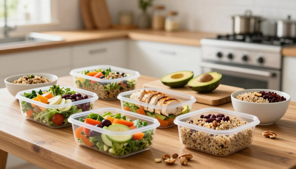 A bright, inviting kitchen scene featuring a variety of high-protein homemade lunches neatly arranged on a wooden table. In the foreground, showcase colorful containers filled with vibrant salads, grilled chicken wraps, and quinoa bowls topped with fresh vegetables and beans. In the middle ground, include a sleek cutting board with sliced avocado and a handful of nuts, emphasizing the healthy ingredients. The background should display soft natural lighting streaming in through a window, giving the atmosphere a warm and cozy feel. Use a shallow depth of field to blur the kitchen appliances slightly, creating a focused view on the lunches. The overall mood should convey a sense of quick, healthy meal preparation, highlighting the ease and convenience of nutritious homemade options.