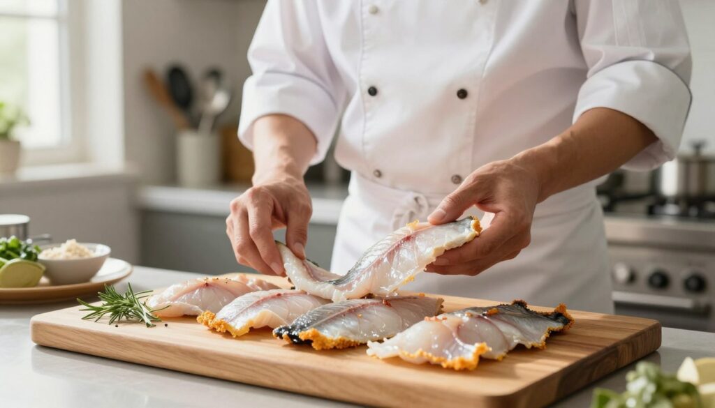 A bright, well-lit kitchen scene showcasing a chef's hands selecting the best fish fillets for a crispy seafood recipe. In the foreground, a wooden cutting board is filled with fresh, glistening fish fillets, some with crispy golden edges, and herbs scattered around. The middle ground features a chef, dressed in a crisp white apron and chef's hat, examining the fillets with care, highlighting their freshness and quality. In the background, neatly arranged cooking utensils and ingredients create a warm, inviting atmosphere. The lighting is soft and natural, streaming in from a nearby window, enhancing the fresh colors of the fish and the kitchen. This setting conveys enthusiasm and culinary passion, perfect for selecting the ideal fish for frying.