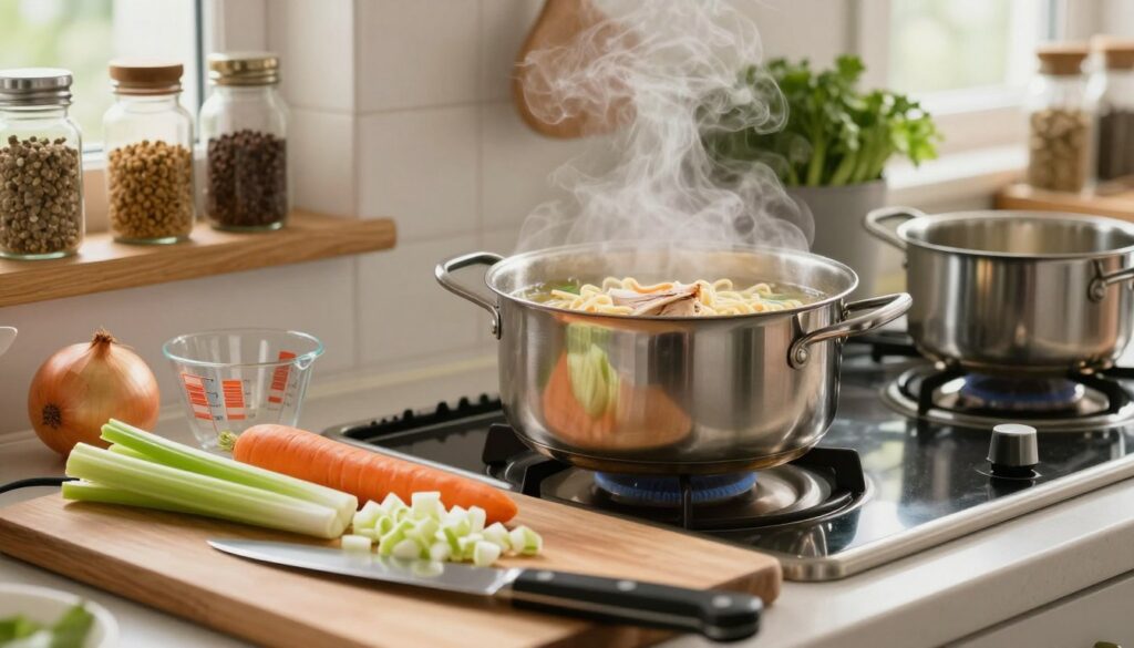 A cozy kitchen scene capturing the preparation of quick homemade chicken noodle soup. In the foreground, a wooden cutting board sits with freshly chopped onions, carrots, and celery, alongside a pot of simmering broth. A chef’s knife and measuring cups are nearby, reflecting a sense of organized chaos. In the middle, a stainless-steel pot bubbles gently on the stove, steam rising, while noodles and shredded chicken await their turn. The background features shelves with spices and herbs, soft lighting creating a warm, inviting atmosphere. A window lets in natural daylight, illuminating the ingredients and enhancing the homey feel. The overall mood conveys comfort and simplicity, ideal for a quick meal preparation.