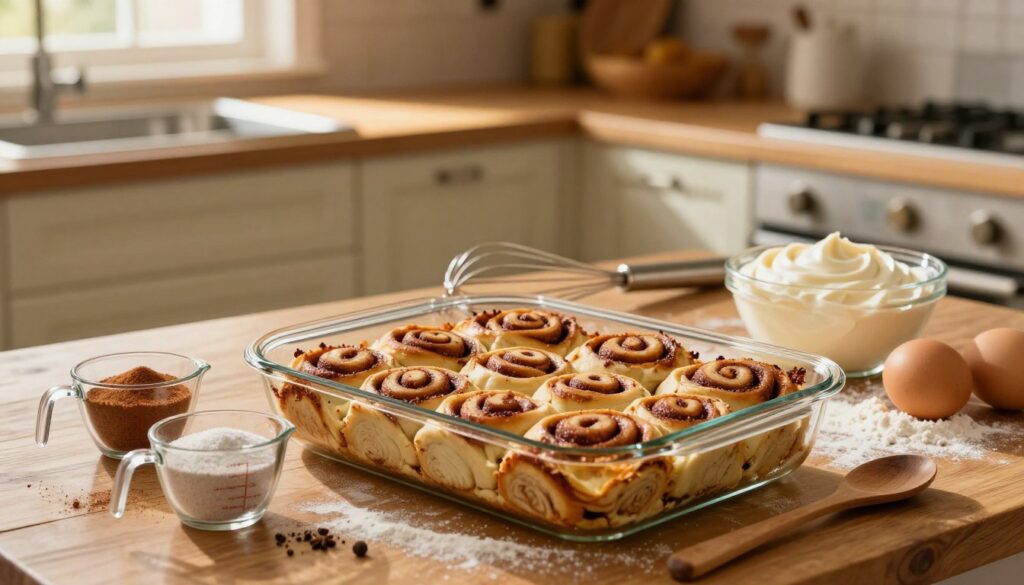 A cozy kitchen scene depicting the preparation of Cinnamon Roll Casserole. In the foreground, a large glass baking dish is filled with pieces of cinnamon roll dough, surrounded by measuring cups filled with cinnamon, sugar, and eggs. A whisk and a bowl of creamy frosting are placed nearby, with a wooden spoon resting on the counter. The middle ground showcases a brightly lit kitchen with wooden cabinets and a rustic table adorned with flour dust and spices, creating an inviting atmosphere. In the background, a window allows warm sunlight to stream in, illuminating the scene and adding a golden hue. The focus is sharp, mimicking a 50mm lens, and the mood is warm and homey, perfect for a delightful breakfast preparation. A cozy kitchen scene depicting the preparation of Cinnamon Roll Casserole. In the foreground, a large glass baking dish is filled with pieces of cinnamon roll dough, surrounded by measuring cups filled with cinnamon, sugar, and eggs. A whisk and a bowl of creamy frosting are placed nearby, with a wooden spoon resting on the counter. The middle ground showcases a brightly lit kitchen with wooden cabinets and a rustic table adorned with flour dust and spices, creating an inviting atmosphere. In the background, a window allows warm sunlight to stream in, illuminating the scene and adding a golden hue. The focus is sharp, mimicking a 50mm lens, and the mood is warm and homey, perfect for a delightful breakfast preparation.