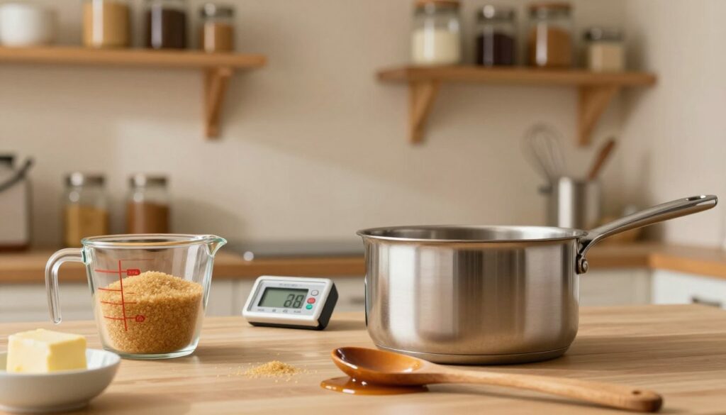 A cozy kitchen scene focused on essential tools for making caramel sauce. In the foreground, a shiny stainless steel saucepan sits next to a glass measuring cup filled with golden granulated sugar and a small bowl of butter. A wooden spoon lies nearby, glistening with melted caramel. In the middle, there's a digital thermometer and a whisk, emphasizing precision in cooking. The background features soft, warm lighting that creates a welcoming atmosphere, highlighting creamy walls and rustic wooden shelves filled with jars of ingredients and baking supplies. The lens is slightly blurred around the edges to draw attention to the foreground tools, capturing a homely, inviting mood perfect for culinary creativity.