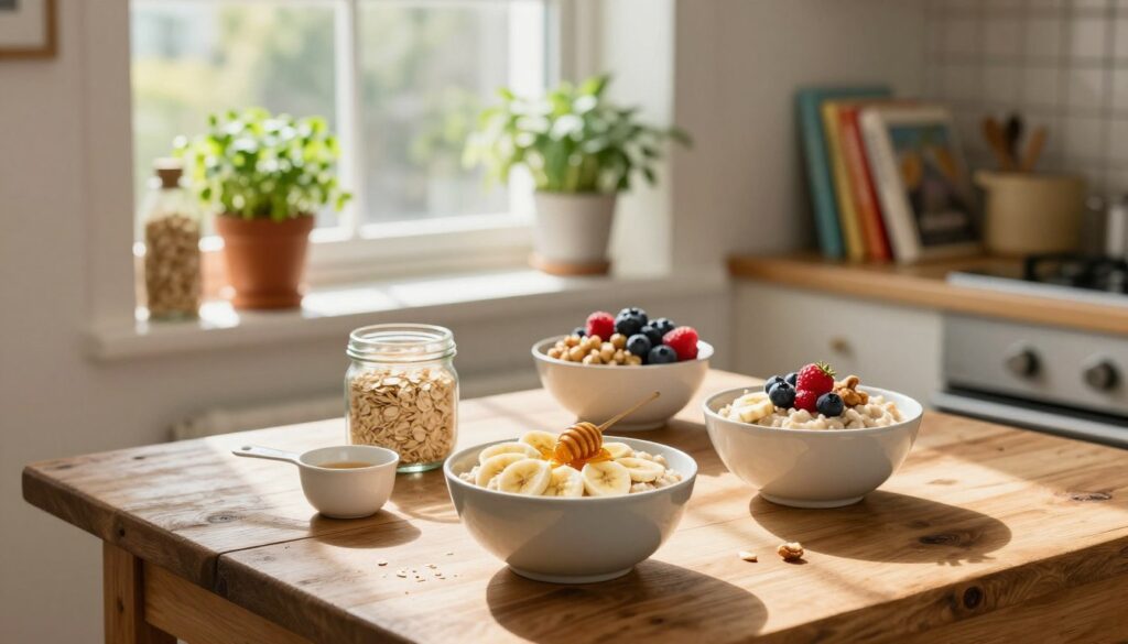 A cozy kitchen scene showcasing an array of budget-friendly oat-based breakfast ideas. In the foreground, a rustic wooden table holds a charming display of oatmeal bowls—one topped with sliced bananas and honey, another with fresh berries and nuts. Beside them, a small jar of rolled oats and a measuring cup are artfully arranged. In the middle, a sunny window illuminates the scene, casting soft shadows and creating a warm, inviting atmosphere. The background features shelves filled with cookbooks and potted herbs, enhancing the homely feel. The overall mood is cheerful and inviting, celebrating simplicity and affordability in healthy eating. Natural lighting enhances the vibrant colors of the food, highlighting the wholesome ingredients in a pleasing composition.