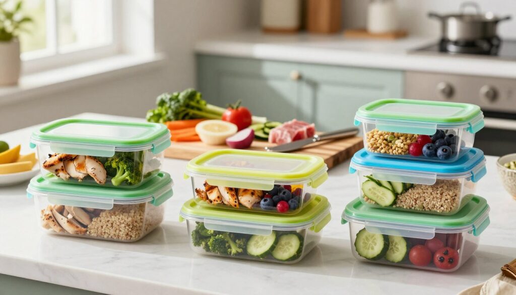 A detailed arrangement of colorful meal prep lunch containers filled with healthy foods such as grilled chicken, quinoa, steamed broccoli, sliced cucumbers, and bright berries. The foreground features three neatly stacked, clear plastic containers with vibrant lids in shades of green and blue, showcasing the vibrant meal contents. In the middle, a wooden cutting board displays the meal prep ingredients: fresh vegetables, grains, and lean proteins, while a few cooking utensils are scattered around. The background includes a modern kitchen with natural light streaming in from a window, casting soft shadows. The overall atmosphere is organized, inviting, and promotes a sense of efficiency and healthy living, perfect for busy parents looking for easy lunch prep strategies.