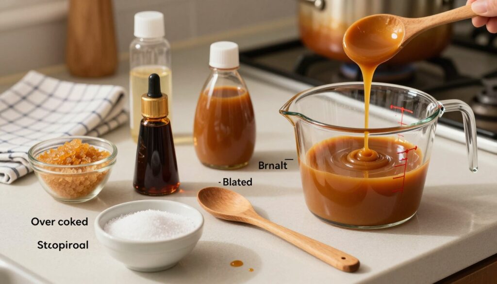 A detailed kitchen countertop scene focused on troubleshooting caramel sauce. In the foreground, a clear glass measuring cup filled with glossy, golden caramel drizzles, alongside a wooden spoon and a small bowl of salt for balancing flavors. In the middle ground, an array of common troubleshooting ingredients like overcooked sugar, burnt caramel, and crystallized syrup, each labeled with simple visual cues. In the background, a checkered kitchen towel and a pot on the stove in soft-focus. Warm, inviting lighting casts a cozy glow over the scene, enhancing the rich amber hues of the caramel. The atmosphere should be instructive yet friendly, capturing the essence of practical cooking advice without any text or distractions.