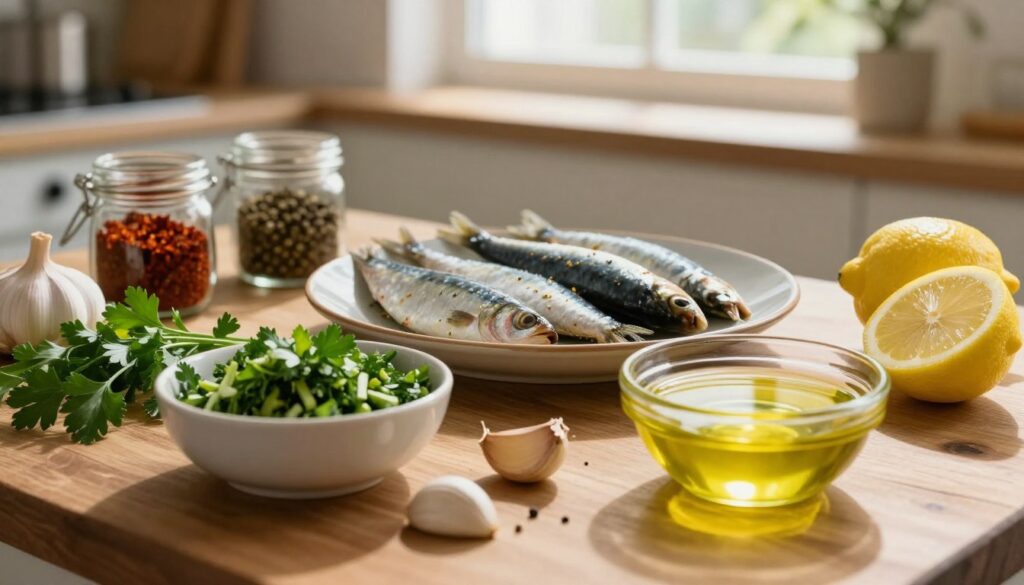 A rustic kitchen setting, showcasing a wooden table laden with fresh Mediterranean ingredients for sardine marinade preparation. In the foreground, a bowl filled with vibrant, chopped parsley, garlic cloves, zesty lemons, and a glistening bowl of olive oil. The middle ground features a plate of fresh sardines, ready for seasoning, surrounded by small jars of spices like paprika and black pepper. In the background, soft sunlight streams through a window, casting warm shadows, enhancing the inviting atmosphere of the kitchen. The composition captures the essence of a simple yet flavorful marinade, inspiring a sense of home-cooked comfort and culinary delight. Focused shot with a shallow depth of field to emphasize the ingredients, creating a serene and appetizing mood.
