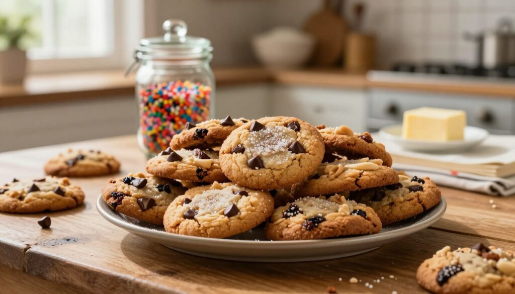 A rustic wooden table displaying a plate stacked high with freshly baked classic homemade cookies, featuring a variety of shapes like chocolate chip, oatmeal raisin, and peanut butter. In the foreground, a warm, inviting kitchen with soft natural light streaming through a nearby window, highlighting the golden brown color of the cookies and the granulated sugar lightly dusted on top. In the middle, a glass jar filled with colorful sprinkles and baking ingredients like flour and butter, creating a cozy baking atmosphere. In the background, faint shapes of kitchen tools and a glimpse of cookbook pages to enhance the homey feel. The overall mood is warm and nostalgic, evoking the simple joy of baking at home.