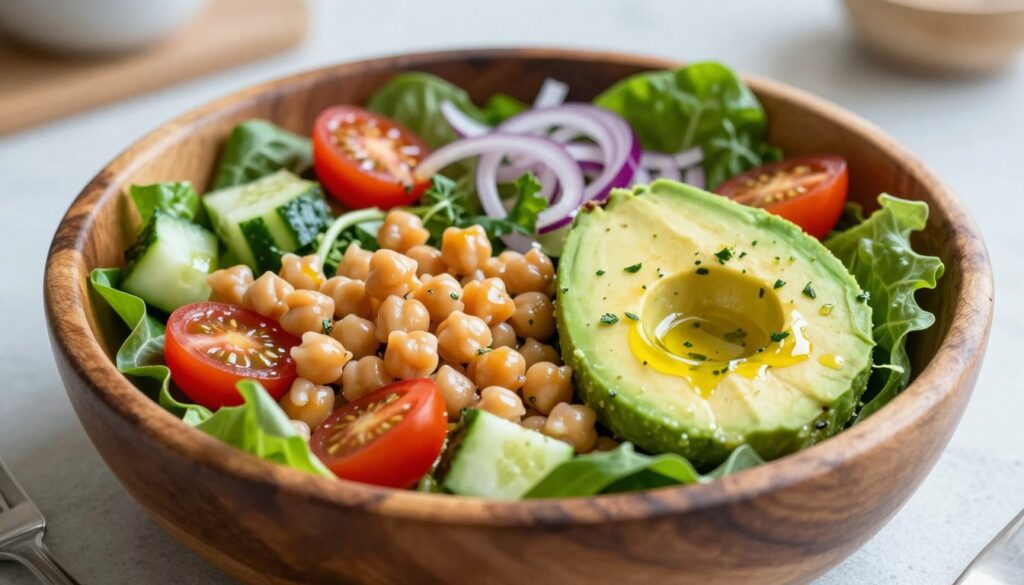 A vibrant and nutritious high-protein salad featuring a variety of chickpeas and creamy avocado, arranged artfully in a large, rustic wooden bowl. The salad includes a colorful mix of leafy greens, cherry tomatoes, diced cucumbers, and finely chopped red onion, accented with a drizzle of olive oil and a sprinkle of fresh herbs. Soft, natural lighting highlights the fresh ingredients, creating a bright and inviting atmosphere. The scene is captured from a slightly elevated angle to showcase the texture and colors of the salad. In the blurred background, a hint of a modern kitchen countertop adds a homey feel. The overall mood is fresh, healthy, and energizing, perfect for a midday lunch option that leaves you feeling satisfied.