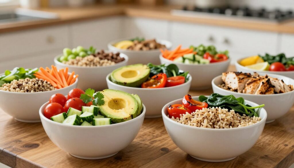 A vibrant assortment of make-ahead lunch bowls arranged on a rustic wooden table, showcasing fresh ingredients. In the foreground, a colorful quinoa bowl filled with diced cucumbers, cherry tomatoes, sliced avocados, and shredded carrots, garnished with a sprig of cilantro. Next to it, a hearty brown rice bowl featuring grilled chicken, spinach, and roasted bell peppers. In the middle ground, various bowls are neatly organized, with each one presenting a different combination of vegetables, proteins, and grains. The background features a softly blurred kitchen setting with warm, natural light illuminating the ingredients, creating an inviting and cozy atmosphere. A shallow depth of field enhances focus on the vibrant bowls, capturing the essence of healthy, satisfying homemade lunches.