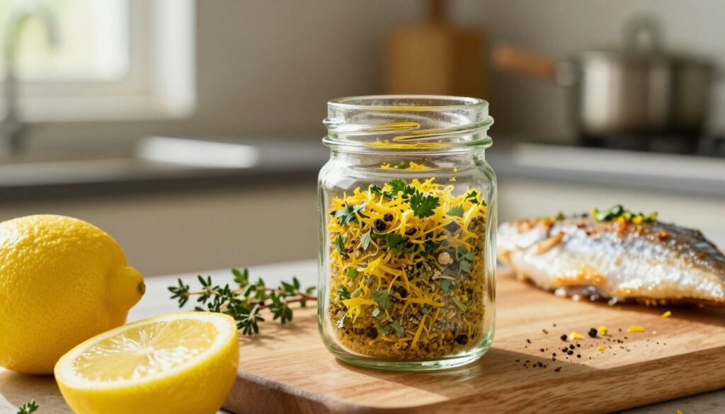 A vibrant composition showcasing a small glass jar filled with a coarse blend of lemon herb seasoning, prominently featuring yellow lemon zest, green herbs like thyme and parsley, and small specks of black pepper. In the foreground, a wooden cutting board displays a few fresh lemons and sprigs of herb, hinting at the natural ingredients. In the middle ground, the glass jar stands against a rustic kitchen backdrop with soft-focus cookware and a delicate fish fillet partially visible, suggesting preparation for crispy pan-frying. The lighting is warm and inviting, emanating from a nearby window, casting gentle shadows. The atmosphere conveys a sense of culinary delight and simplicity, perfect for enhancing seafood dishes.