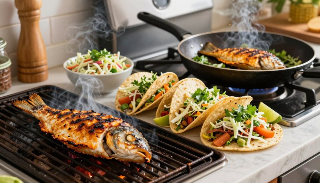 A vibrant kitchen scene showcasing two distinctive cooking methods for crispy fish tacos. In the foreground, a sizzling grill with perfectly grilled fish, its skin glistening and slightly charred, releasing fragrant smoke. Beside it, a pan on a stovetop featuring fish being pan-seared to a golden-brown perfection, surrounded by fresh herbs. In the middle, colorful tortillas ready to be filled are artistically arranged alongside bowls of fresh slaw filled with cabbage, cilantro, and lime. The background reveals a cozy kitchen setting with soft, warm lighting filtering in, highlighting the textures of the food. The atmosphere is lively and inviting, capturing the essence of culinary creativity and the irresistible appeal of Mexican cuisine.