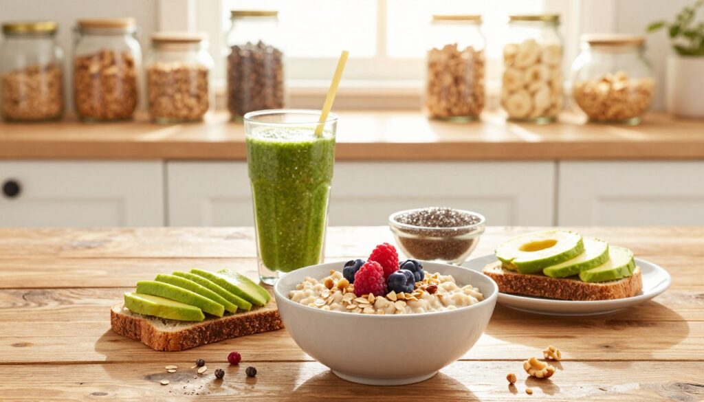 A vibrant kitchen setting at sunrise, showcasing a variety of quick whole grain breakfast options on a rustic wooden table. In the foreground, a bowl of oatmeal topped with fresh berries and a sprinkle of nuts, next to a slice of whole grain toast with avocado. The middle layer features a colorful smoothie in a glass, incorporating spinach and banana for extra nutrition, alongside a small dish of chia seeds. The background highlights a shelf filled with jars of granola and whole grain cereals, bathed in warm, soft morning light that creates a cozy atmosphere. The scene captures a sense of health and energy, inviting viewers to explore nutritious, fiber-rich breakfast ideas for busy mornings. The composition is bright and uplifting, encouraging a wholesome start to the day.