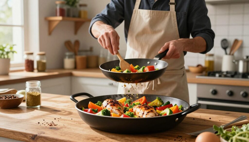 A vibrant kitchen setting showcasing essential one-pan cooking techniques. In the foreground, a rustic wooden table holds a large, colorful one-pan meal, featuring vibrant vegetables and perfectly cooked chicken, glistening with herbs and spices. In the middle, a skilled chef in a modest apron expertly tosses ingredients in a sizzling pan, highlighting the action of cooking. The background features shelves stocked with spices, glass jars, and cooking utensils, creating a warm and inviting atmosphere. Soft, natural lighting streams through a nearby window, illuminating the scene and casting gentle shadows. The mood is lively and inspiring, encouraging the viewer to embrace the simplicity and efficiency of one-pan meals.