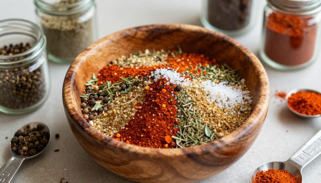 A vibrant overhead view of a homemade Cajun seasoning blend in a rustic wooden bowl, showcasing a colorful mix of spices like paprika, cayenne pepper, garlic powder, onion powder, and dried herbs, with a sprinkle of sea salt. Surround the bowl with measuring spoons and small glass jars filled with individual spices, emphasizing their rich colors and textures. The background should be a softly blurred kitchen countertop with warm natural light illuminating the scene, creating a cozy and inviting atmosphere. The shot should have a shallow depth of field, accentuating the spices in the foreground and adding a slight bokeh effect to enhance the focus on the homemade blend.