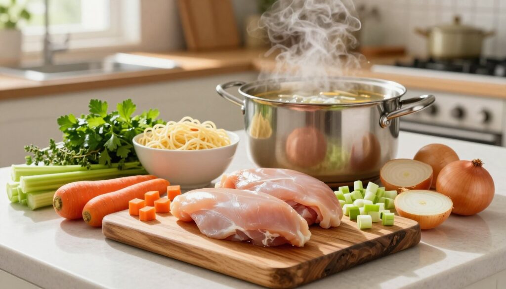 A vibrant, well-organized kitchen countertop featuring the essential ingredients for homemade chicken noodle soup. In the foreground, a rustic wooden cutting board displays raw chicken breasts, diced carrots, chopped celery, and slices of onion, all freshly prepared. In the middle, a pot of chicken broth simmers alongside a bowl of egg noodles and a handful of fresh herbs like parsley and thyme. The background reveals a cozy kitchen setting with soft, warm lighting, highlighting a window with sunlight streaming in, giving a homey and inviting atmosphere. Capture the rich textures and colors of the ingredients, emphasizing freshness and warmth, while ensuring the scene evokes a sense of comfort and delicious homemade cooking.