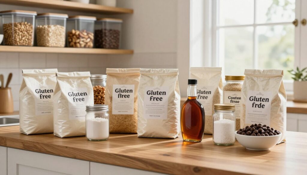 A well-organized gluten-free pantry with essential baking ingredients. In the foreground, display a wooden countertop featuring neatly arranged bags of gluten-free flour varieties such as almond flour, coconut flour, and rice flour, alongside jars of baking powder, baking soda, and salt. In the middle, include a variety of gluten-free sweeteners like coconut sugar and maple syrup, accented by a bowl of gluten-free chocolate chips. In the background, showcase shelves lined with pantry staples such as oats, nuts, and seeds in clear containers. Soft, natural light streams in from a window, creating a warm and inviting atmosphere. The focus should convey a sense of simplicity and readiness for baking delicious gluten-free desserts, with a slight depth of field to emphasize the ingredients while keeping the kitchen setting clean and cozy.