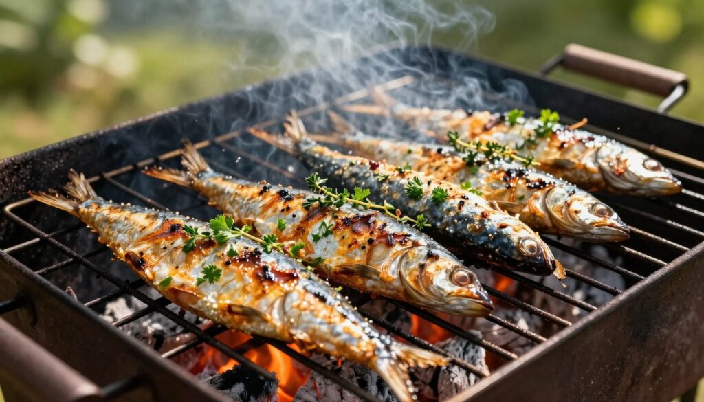 Freshly grilled sardines glistening on a charcoal grill, showcasing their crispy skin and succulent texture. The foreground features perfectly arranged sardines topped with vibrant green herbs like parsley and thyme, enhancing their appetizing appearance. In the middle ground, the grill is positioned with glowing coals, emitting a gentle smoke that intertwines with the fresh aroma of the fish. The background reveals a sunlit outdoor setting, with blurred greenery that evokes a warm, inviting atmosphere. The lighting captures the golden hues of the sardines while casting soft shadows that highlight their contours. The angle is slightly elevated, allowing a clear view of the grilling process and emphasizing the delicious herbs. The mood is rustic and lively, perfect for summer gatherings and highlighting the simple beauty of grilled seafood.