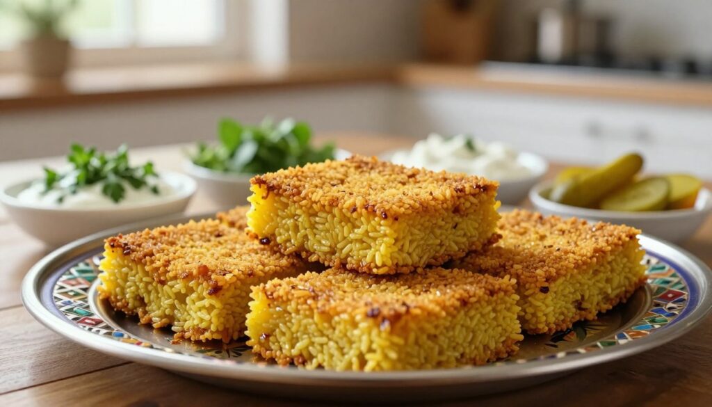 A beautiful and appetizing display of various tahdig options, showcasing a golden-brown crispy rice crust served on a decorative Persian platter. In the foreground, a layered stack of tahdig pieces with a texture that highlights their crunchiness, glistening with a hint of saffron. The middle ground includes a selection of side dishes such as fresh herbs, yogurt, and colorful pickles beautifully arranged. In the background, a softly diffused kitchen setting, with warm natural light filtering through a window, creating a cozy, inviting atmosphere. Use a shallow depth of field to emphasize the tahdig while gently blurring the background. The overall mood is warm and inviting, perfect for a culinary experience.